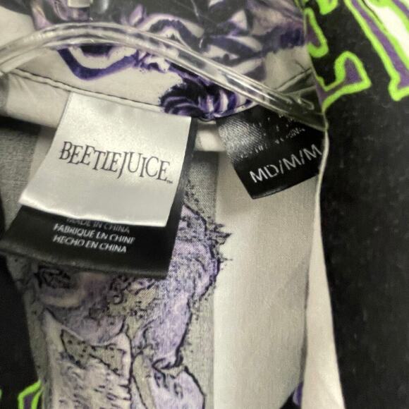 Beetlejuice Mens Striped Button Down Shirt Size Medium Black White Green Purple - Picture 2 of 3